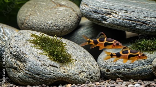 Two Orange and Black Striped Freshwater Aquarium Fish Swim Among Smooth Gray Rocks and Green Moss in Clear Water Sunlight