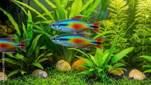 Vibrant Neon Tetras Swim Through Lush Green Aquatic Plants in a Sunlit Freshwater Aquarium