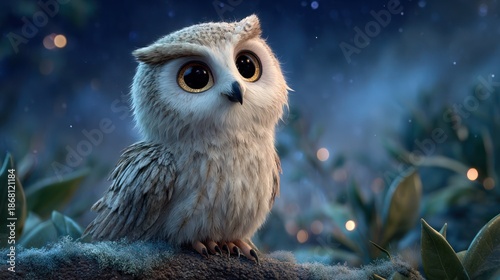 Adorable animated owlet with huge eyes gazing upwards, nestled amongst luminous foliage