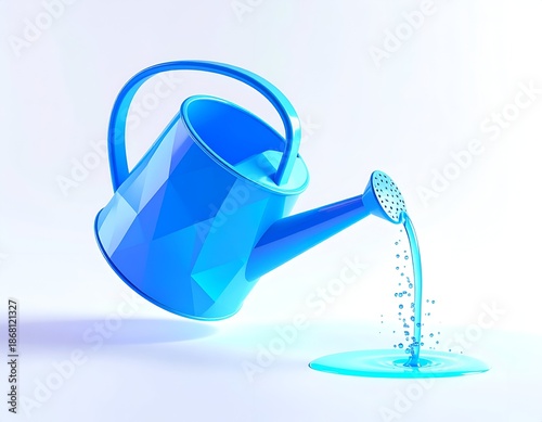 A geometric blue watering can pouring water