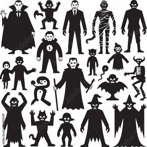 Halloween characters and creatures in black silhouette on white background