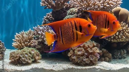 Two Vibrant Orange Angelfish Swim Gracefully Amidst Colorful Coral Reefs Underwater Scene With Sandy Bottom And Rippling Blue Water