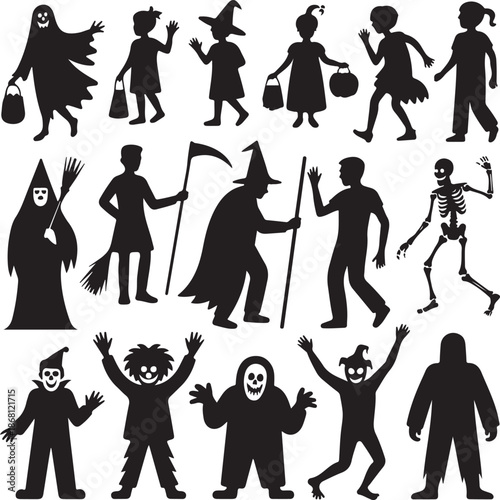 Halloween characters and people in various costumes and poses