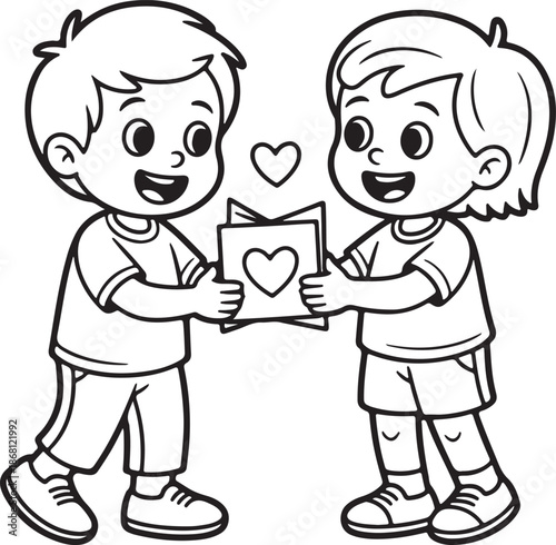 Kids Exchanging Valentine Cards line art, black outline, vector and illustration, coloring book page line art drawing