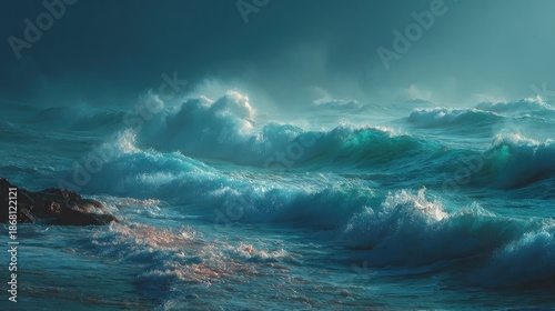 Powerful ocean waves crashing against the shore at dawn