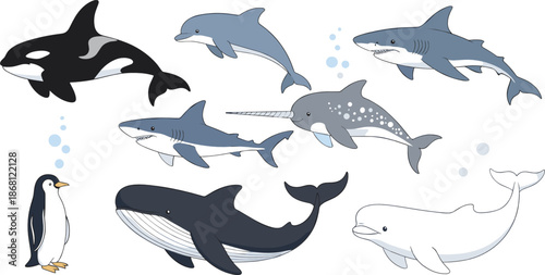 Cute Cartoon Marine Animals Vector Set with Whale Dolphin Shark Orca Penguin and Narwhal Illustration