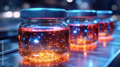 Lined jars filled with glowing amber liquid, blue sparks, on a conveyor