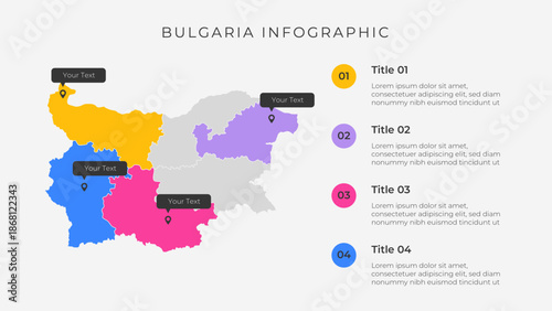 Bulgaria map infographic template with 4 options. Bulgaria administrative map infographic for presentation.