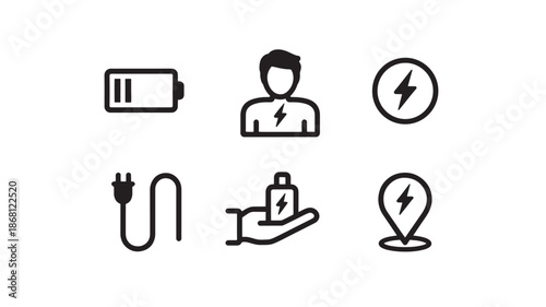 Electricity Icons Set Including Battery, Person, Lightning Bolt and Plug, Hand, Location