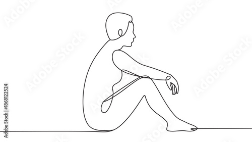 Sad Child Sitting Alone on Floor in Minimalist Line Art Style