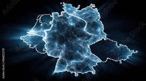 Digital glowing map outline of a European nation with connecting lines, radiating light
