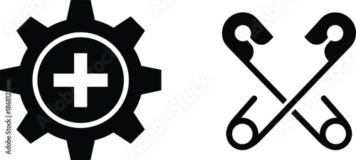Gear with medical cross and crossed safety pins icon set, symbolic vector for healthcare and subculture themes