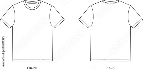 Basic short-sleeve t-shirt technical drawing, front and back view, stitching details, flat fashion vector illustration