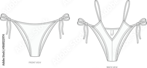 Bikini bottom technical drawing, front and back view, side ties, V-seam, tag detail, flat fashion vector illustration