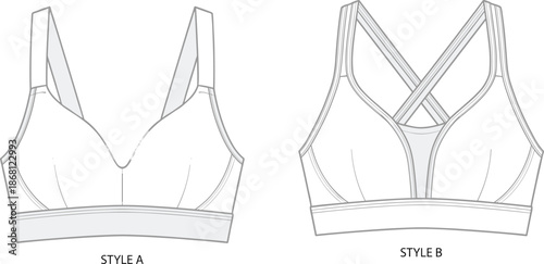 Bra design comparison illustration, wide strap plunge front and crisscross sporty back styles, technical lingerie vector