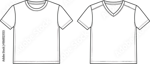 Crew neck and V-neck t-shirt technical drawing, front views, stitching details, fashion template, flat vector illustration