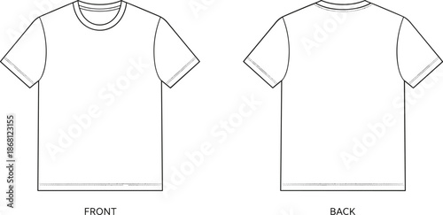 Crew neck t-shirt technical drawing, front and back view, short sleeves, stitching details, flat fashion vector illustration
