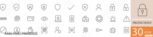 Flat line vector protection icon set showing security, safety, and data protection concepts in clean minimal style. Perfect for cyber security, insurance, and business protection design use