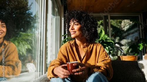 Wallpaper Mural Relaxed woman sits with coffee near sunny window filled with plants enjoying peaceful morning light and cozy mindful lifestyle at home Torontodigital.ca