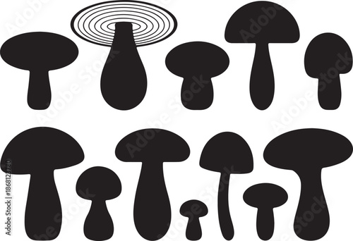 set of black mushroom silhouettes on white background