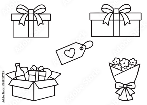 Line art celebration gift set featuring gift boxes, a delivery box, a flower bouquet, and a heart tag for special occasions
