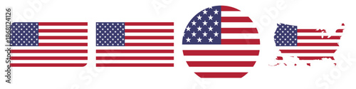 US circular flag, US rectangular flag, US map flag flat icon