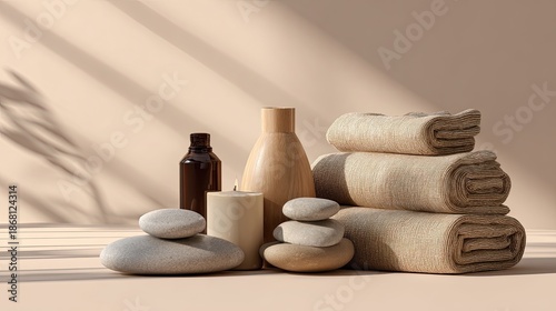 Spa still life towels, stones, oils, and candle on beige background