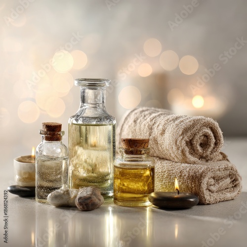 Spa setting oil bottles, towels, candles, & stones, soft focus