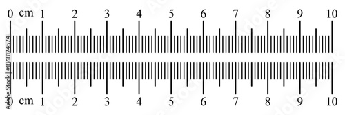 Measurement ruler chart displaying a 10 centimeter scale with clear numeric markings. Simple and precise length measurement concept suitable for mathematics, education, sewing, sizing