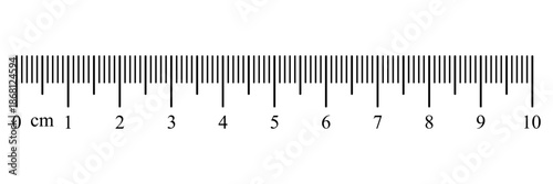 Measuring chart with 10 centimeters showing a clear ruler scale and numbered markings. Length measurement concept suitable for math, distance, height, sewing tools, education, and design use.