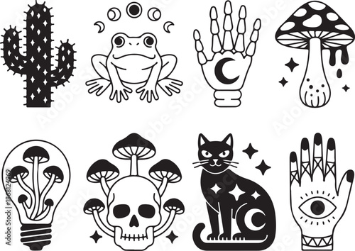 Set of mystical and magical symbols and creatures in black and white