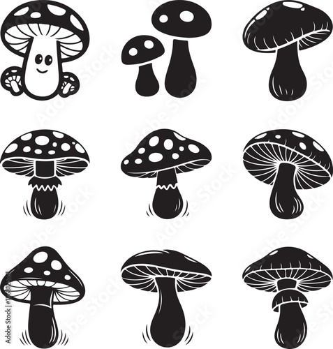 set of various cartoon mushroom illustrations in black and white
