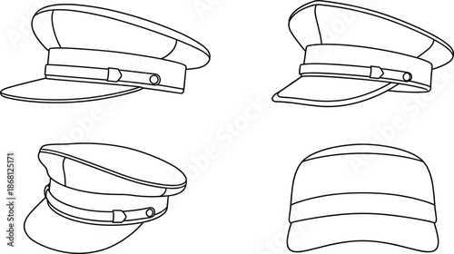 Military peaked cap illustrations, line drawing styles, uniform headwear variations, front and angled views, flat vector design