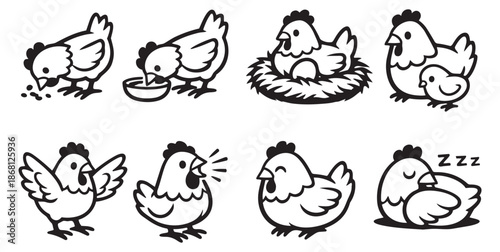 Hand drawn line art chicken and hen set featuring various farm activities including eating, nesting, and sleeping for agriculture and animal designs