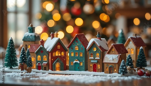 Miniature Christmas Village with Snowy Houses and Warm Lights in Festive Setting