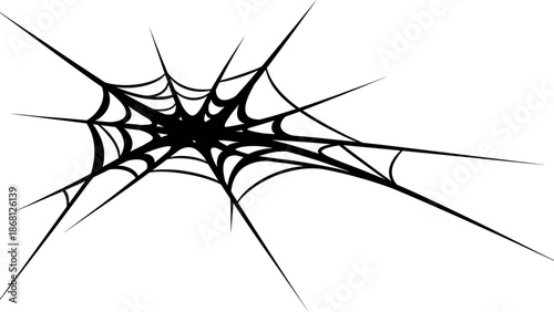 Black spider web illustration on white background.