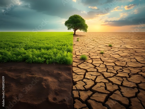 Wallpaper Mural A conceptual landscape depicting the stark contrast between a lush green field and a dry parched desert due to climate change. Torontodigital.ca