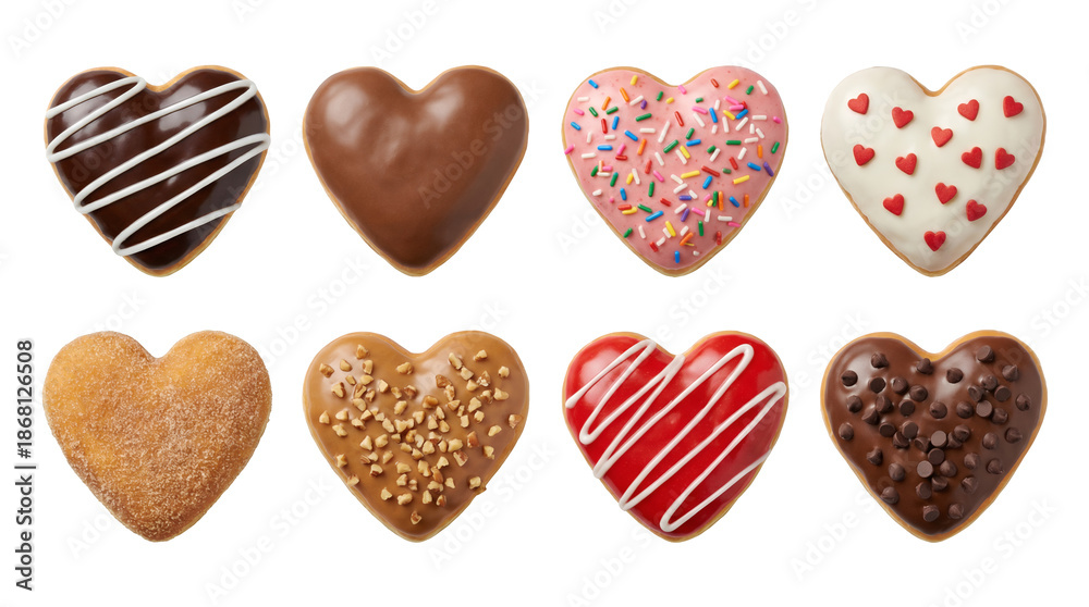 custom made wallpaper toronto digitalHeart shaped donut set including chocolate, strawberry, vanilla, and cinnamon toppings isolated. Sweet valentines day dessert and bakery collection.