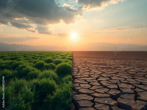 Wallpaper Mural A conceptual landscape depicting the stark contrast between a lush green field and a dry parched desert due to climate change. Torontodigital.ca
