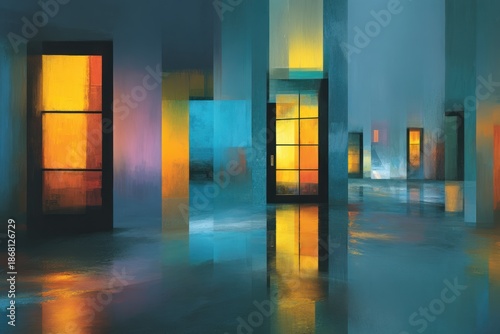 Abstract interior, vibrant colors, glowing windows