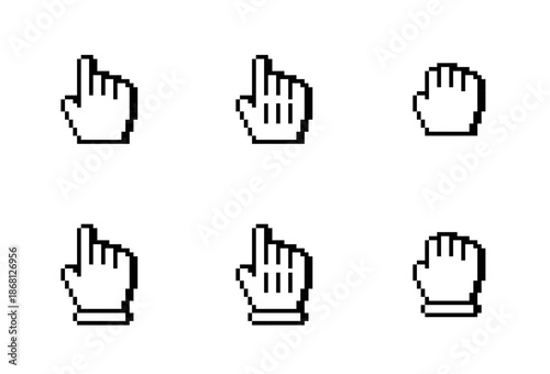 Retro Pixelated Hand Cursor Icon Set, 8-bit Pointer and Grab Symbols, Computer Interface Click and Drag Graphics, Aliased Glove UI Elements, Low-Resolution Vector Collection