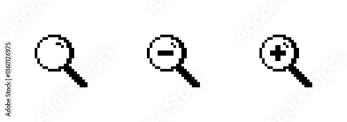 Retro Pixelated Magnifying Glass Icon Set, 8-bit Search and Zoom Symbols, Computer Interface Discovery Graphics, Aliased Lens UI Elements, Low-Resolution Vector Collection