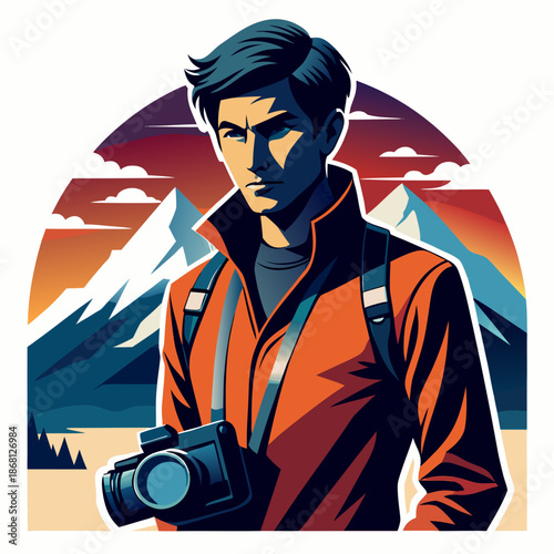 Adventurer with camera in mountainous landscape