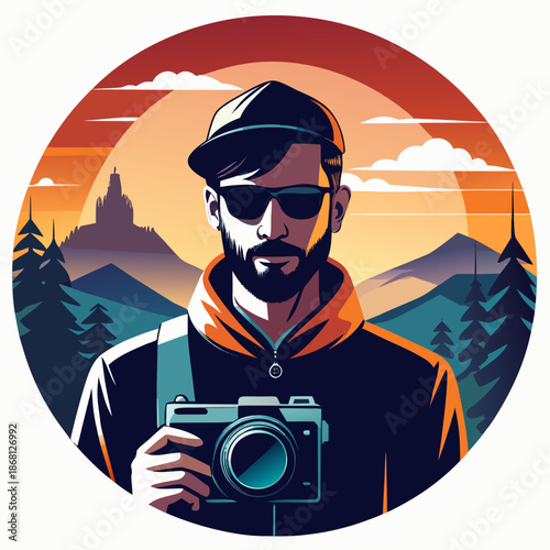 Adventurous photographer in mountain landscape