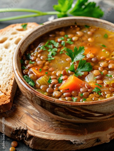 Beninese lentil soup with spices and vegetables served with bread