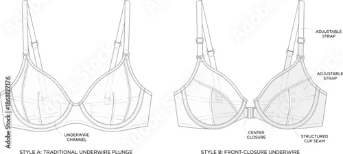 Underwire bra technical drawing, plunge and front-closure styles, adjustable straps and cup seam details, vector illustration