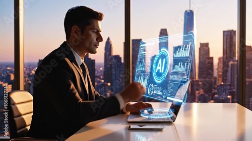 Professional businessman analyzing complex data with AI-powered holographic analytics dashboard for real-time insights. Optimizing business strategy, performance, and innovation using advanced...