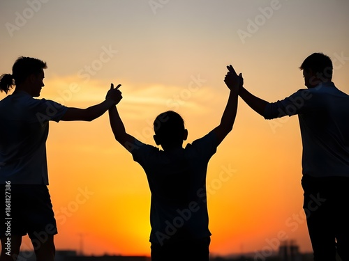 Wallpaper Mural Silhouettes of a group of friends holding hands and celebrating together against a vibrant sunset sky. Torontodigital.ca