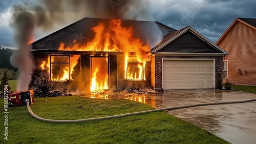 Suburban House Engulfed in Flames During Emergency Response Showing Intense Fire and Smoke Billowing into the Cloudy Sky