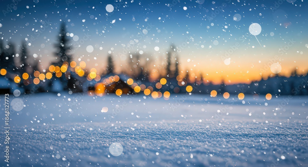 Fototapeta premium Beautiful winter landscape with falling snow, blurred festive lights, and a cozy house at dawn or dusk.